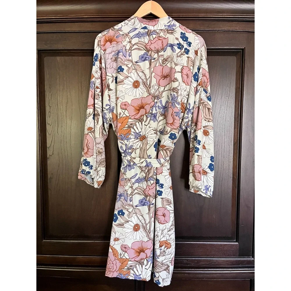 Day of Blossom 100% Rayon Belted Floral Kimono Robe 3/4 Sleeves Womens Size XL